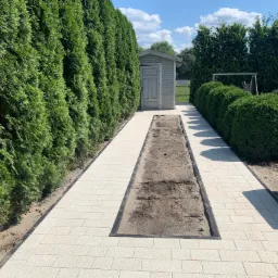 Jasna kostka brukowa ułożona wzdłuż ścieżki ogrodowej z wykopem na drenaż liniowy, obok szpaler z tuj i mały drewniany budynek gospodarczy w tle.