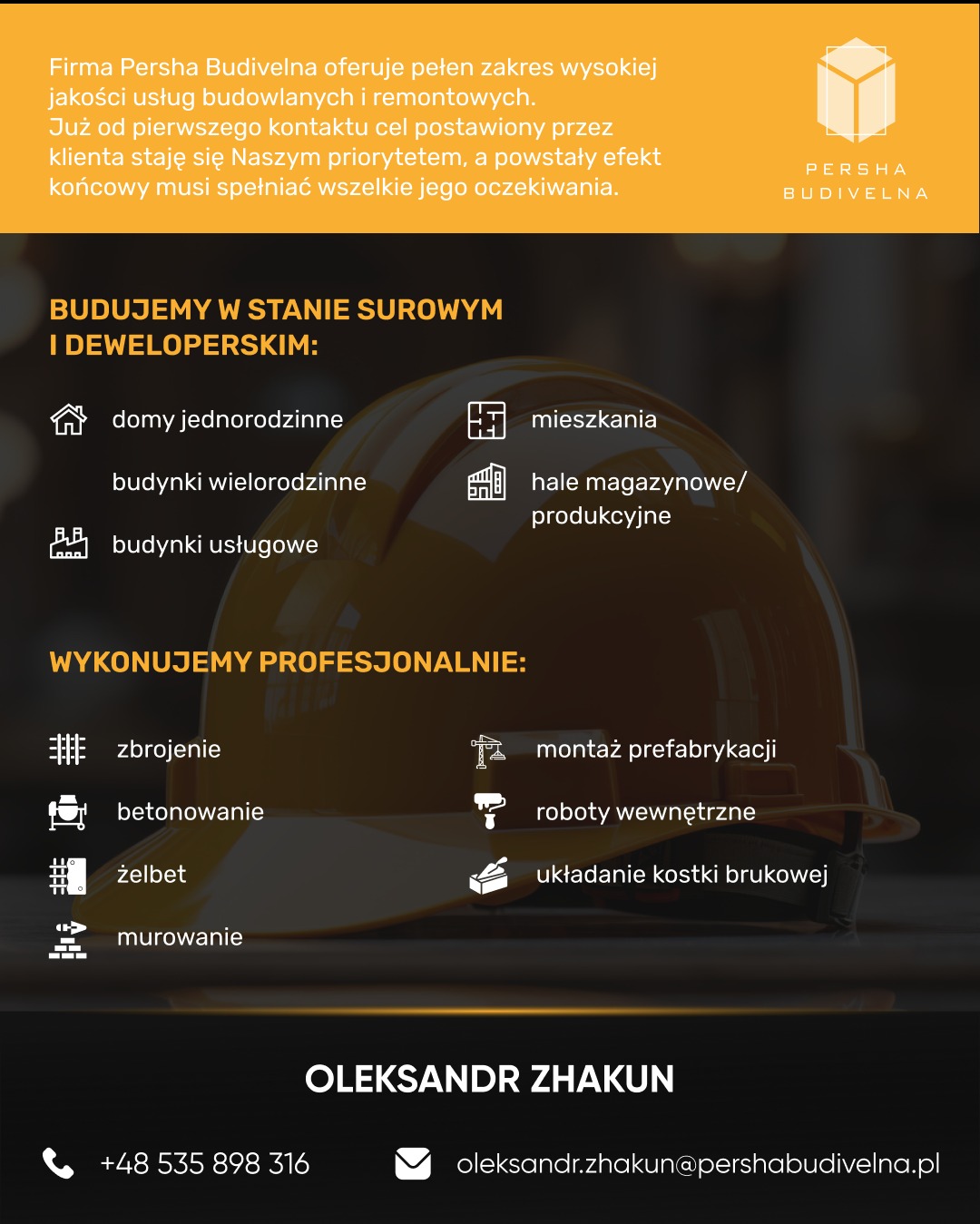 Grafika reklamowa firmy budowlanej Persha Budivelna, oferującej szeroki zakres usług budowlanych i remontowych, w tym budowę w stanie surowym, deweloperskim oraz zbrojenia, betonowanie, żelbet...