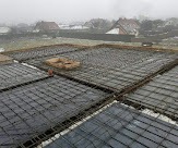 Zbrojenie płyty fundamentowej w trakcie budowy, widok z góry na konstrukcję z prętów stalowych i folii izolacyjnej, przygotowaną do zalania betonem, zarys zabudowań w tle, pochmurny dzień.