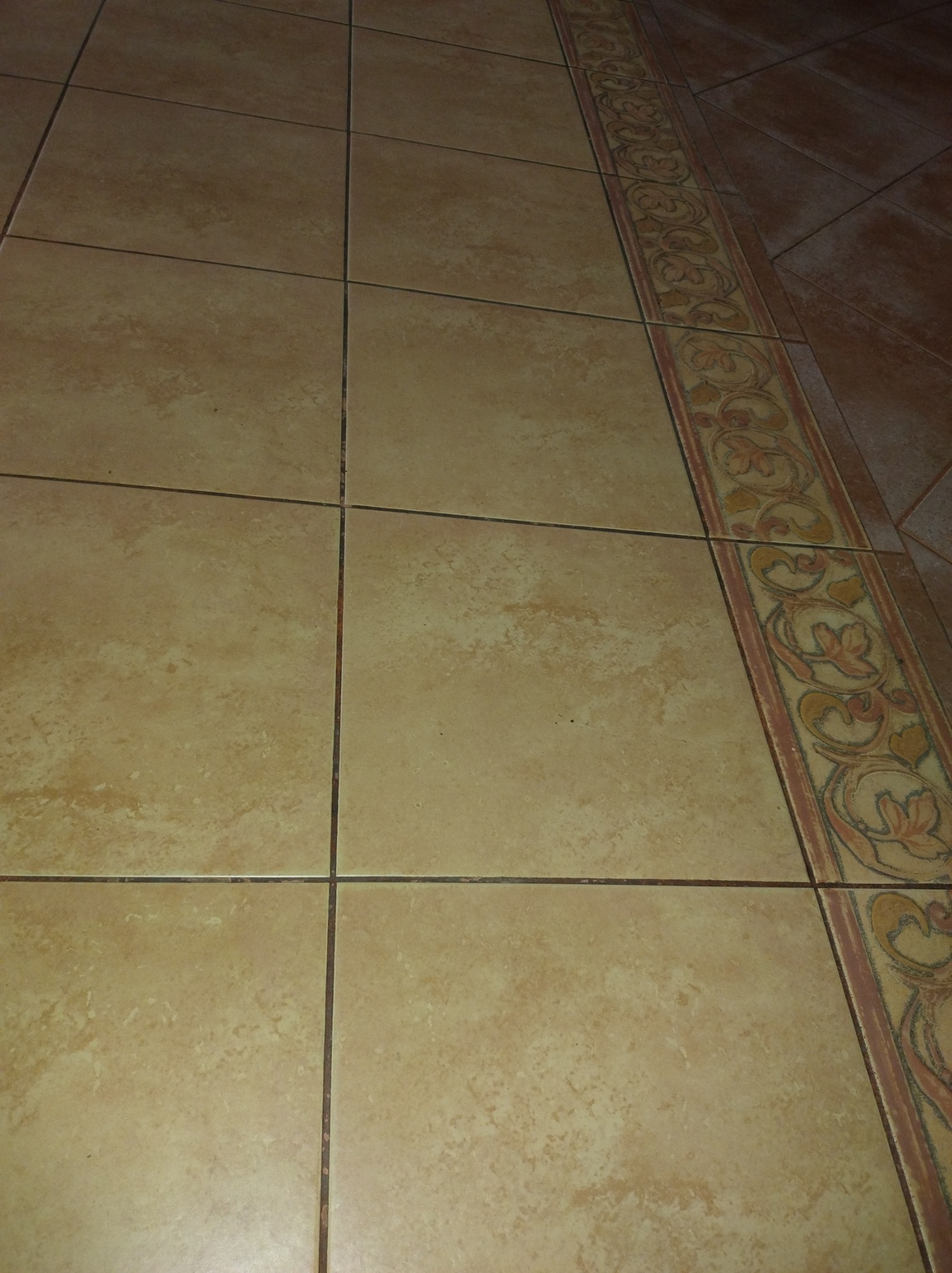 Ułożona podłoga z beżowych płytek ceramicznych, wzdłuż jednej krawędzi dekoracyjny pas z motywem roślinnym w odcieniach brązu i beżu.