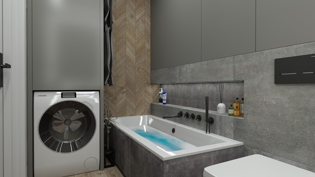 Nowoczesna łazienka z pralką Samsung, wanną wypełnioną wodą i drewnianą ścianą w jodełkę, oświetlona listwą LED.