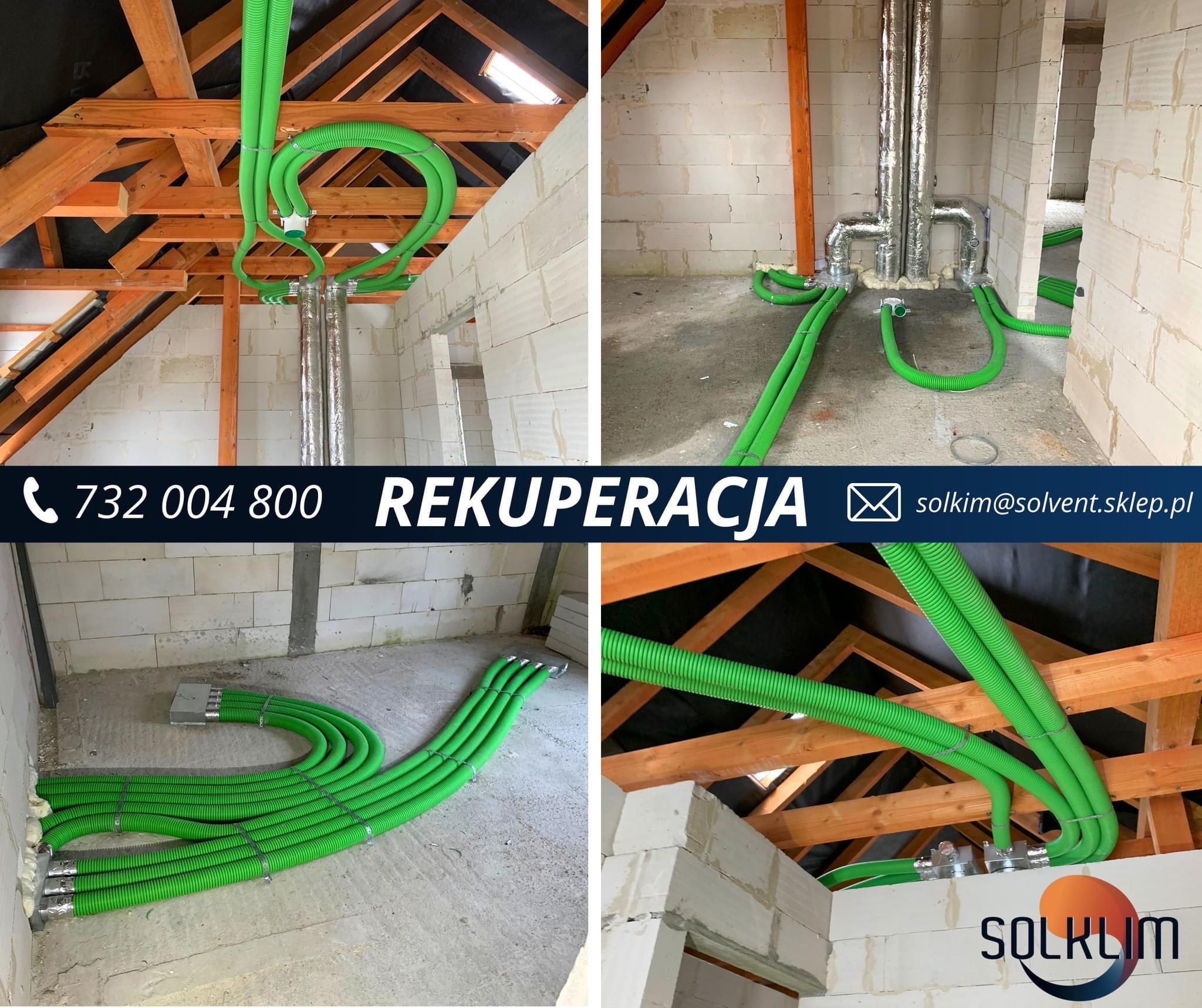 Zielone, karbowane przewody wentylacyjne rozprowadzone w surowym wnętrzu budynku, widoczne elementy konstrukcji dachu i ściany z bloczków.