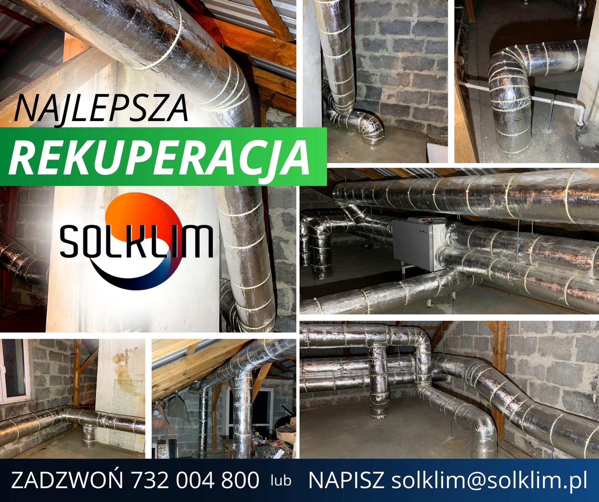 Kompozycja zdjęć prezentująca system kanałów wentylacyjnych z izolacją termiczną, w tym widok centrali wentylacyjnej oraz fragmentów instalacji w surowym wnętrzu, z nałożonym logo firmy i hasłem...