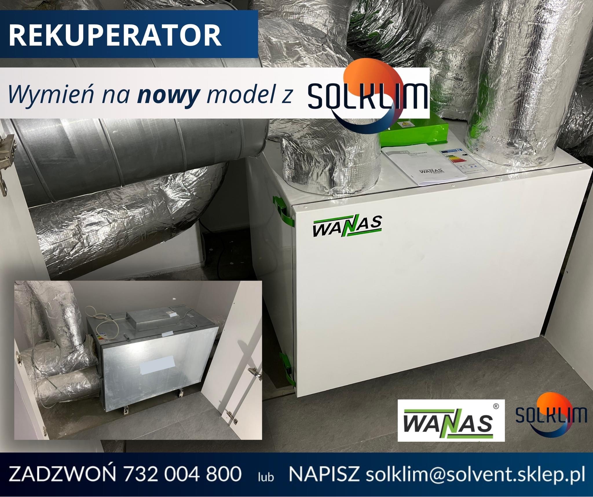 Nowy rekuperator WANAS z podłączonymi izolowanymi przewodami wentylacyjnymi, widoczne materiały informacyjne i logo firmy Solklim.