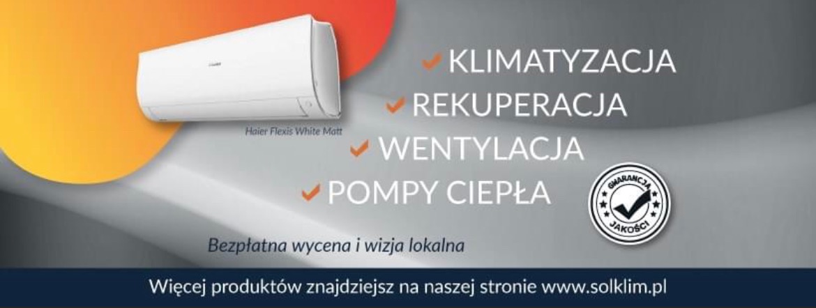 Grafika reklamowa prezentująca klimatyzator Haier Flexis White Matt z informacją o bezpłatnej wycenie i wizji lokalnej oraz o ofercie obejmującej klimatyzację, rekuperację, wentylację i pompy ciepła.