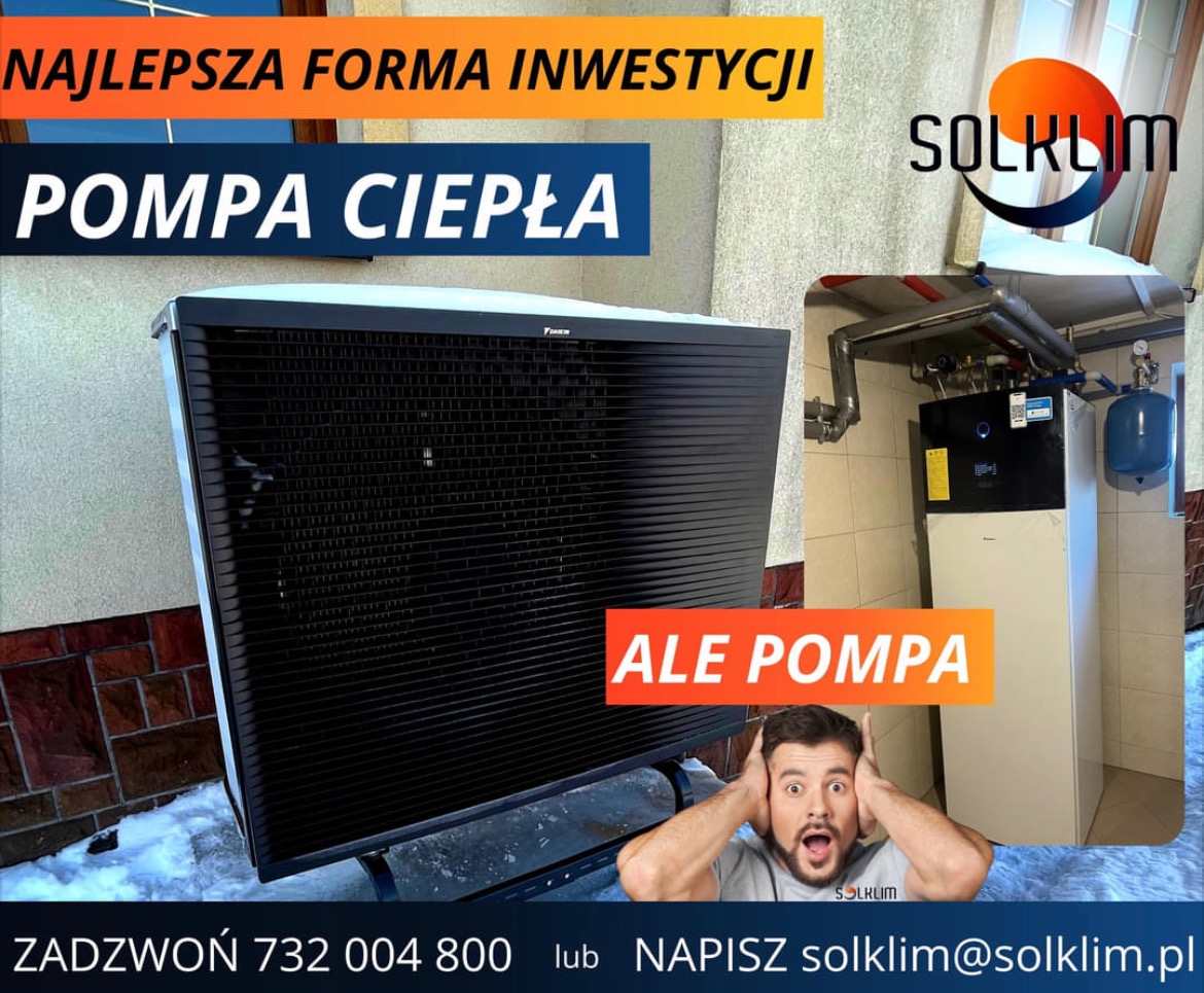 Promocyjne ujęcie pompy ciepła marki Daikin z widoczną instalacją wewnętrzną oraz zaskoczonym mężczyzną, nakładka tekstowa z hasłem reklamowym i danymi kontaktowymi firmy Solklim.