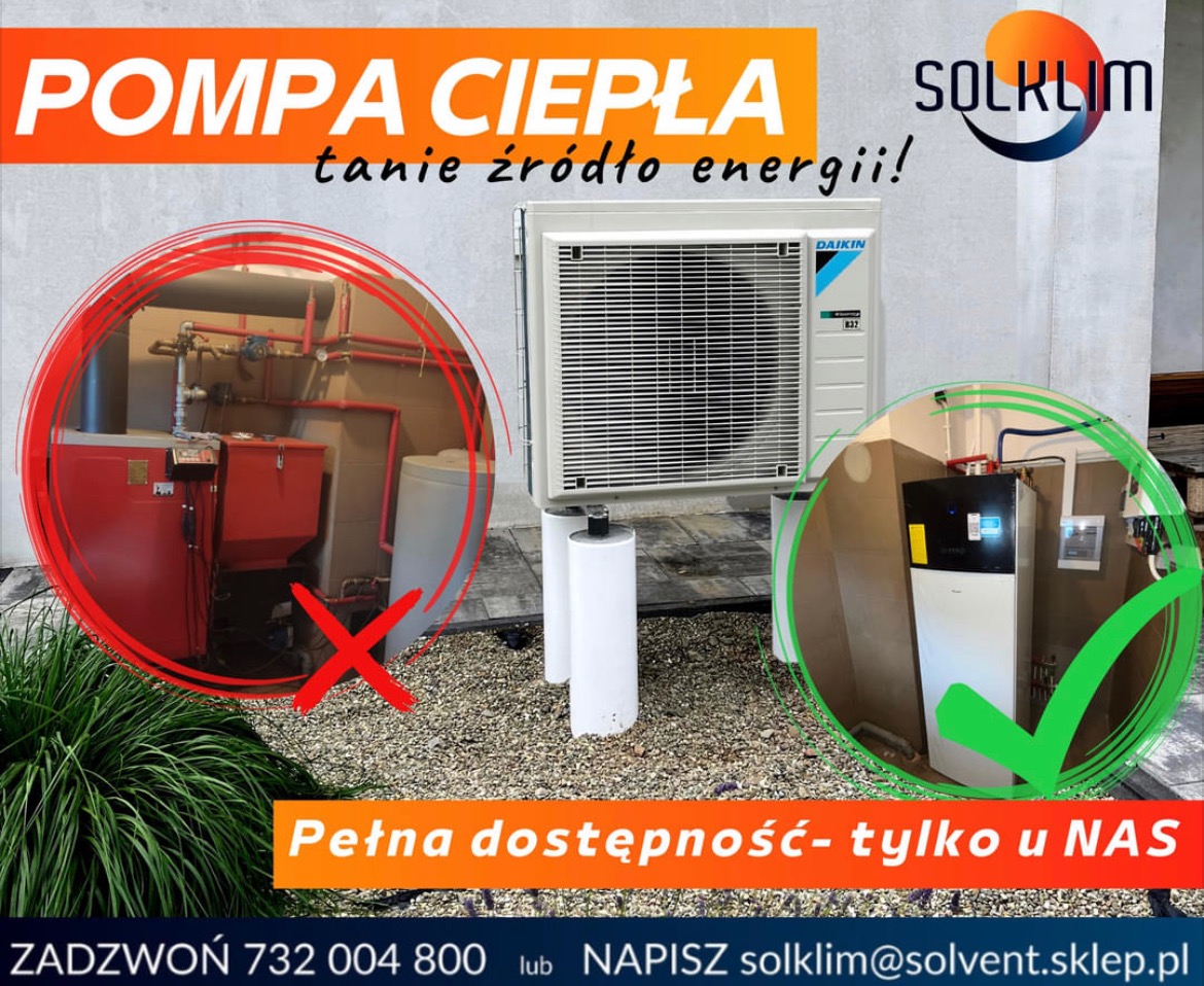 Zdjęcie promocyjne prezentujące pompę ciepła Daikin, z wizualnym porównaniem z tradycyjnym systemem grzewczym oznaczonym czerwonym krzyżykiem i zielonym znakiem akceptacji dla pompy ciepła.