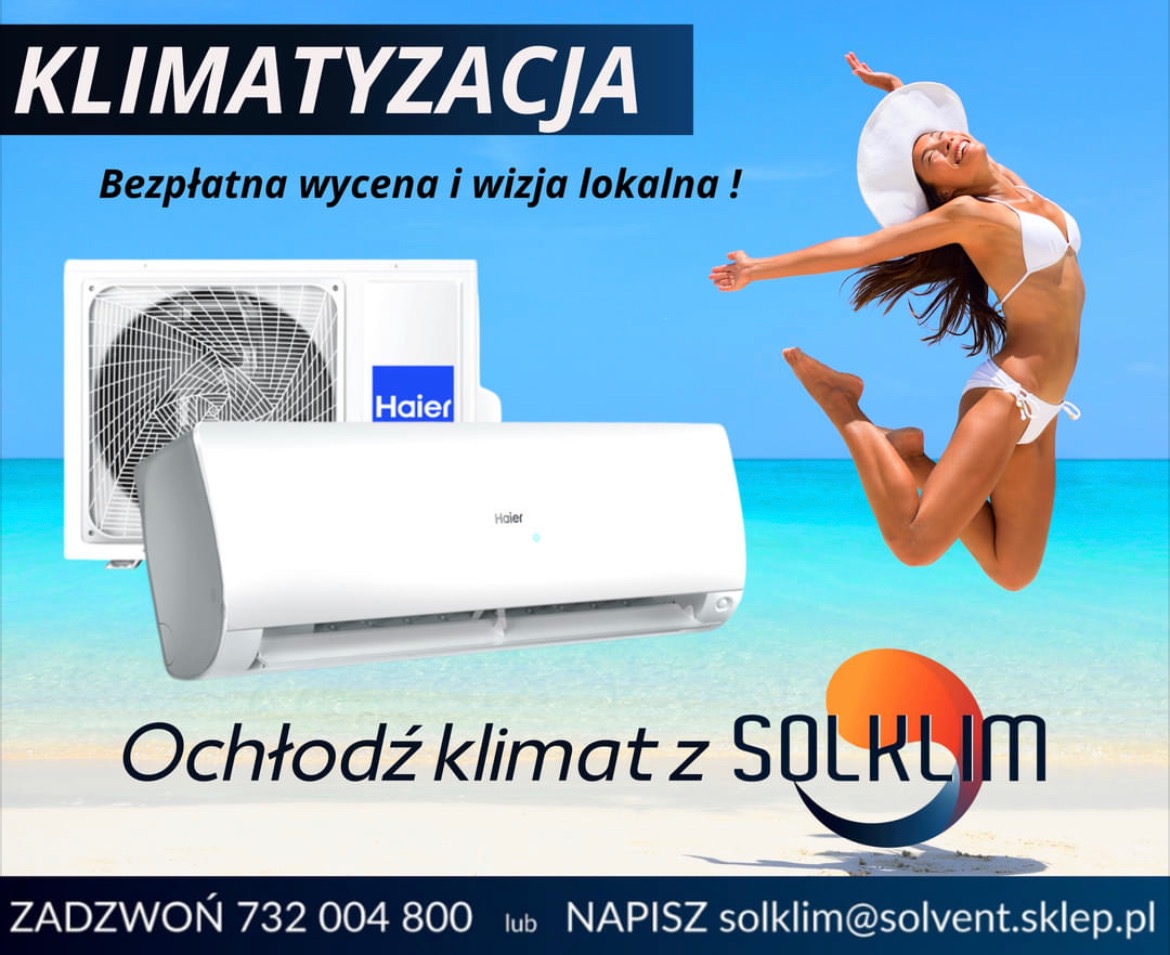 Reklama klimatyzacji Haier na tle plaży z skaczącą kobietą w bikini i kapeluszu, oferta bezpłatnej wyceny i wizji lokalnej, logo Solklim