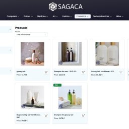 SAGACA sp z o.o. - Widok strony sklepu internetowego z kosmetykami do włosów. Prezentacja produktów w siatce, filtry po lewej stronie. Logo Sagaca w górnej części.