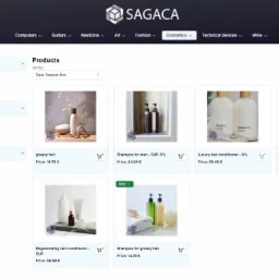 Widok strony sklepu internetowego z kosmetykami do włosów. Prezentacja produktów w siatce, filtry po lewej stronie. Logo Sagaca w górnej części.