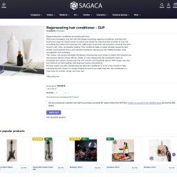SAGACA sp z o.o. - Karta produktu w e-sklepie: regenerująca odżywka do włosów marki Sagaca. Widoczne flakony i butelki kosmetyków na minimalistycznym tle. Prezentacja opłat SUP.