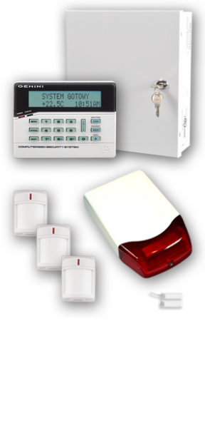 Zestaw alarmowy: centrala z klawiaturą (wyświetlacz pokazuje 'SYSTEM GOTOWY', +22.5C, 10:51AM), obudowa, trzy czujniki ruchu i sygnalizator akustyczny.
