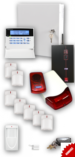 Kompletny zestaw alarmowy: centrala z wyświetlaczem, manipulatorem i obudową z kluczem, czujniki ruchu, sygnalizator akustyczny i optyczny, pilot zdalnego sterowania z kluczami, prezentowany...