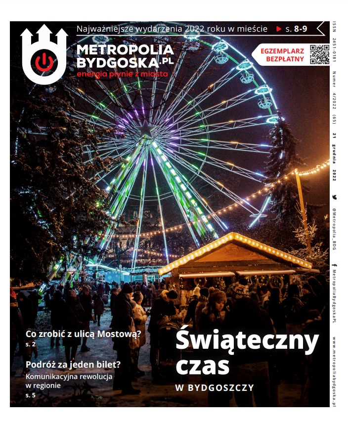 Okładka czasopisma 'Metropolia Bydgoska' z iluminowanym diabelskim młynem i świątecznym jarmarkiem w tle, zimowa sceneria.