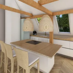 Wizualizacja kuchni na poddaszu z drewnianymi belkami stropowymi, wyspą kuchenną z płytą grzewczą, białymi szafkami i rattanowymi lampami wiszącymi.