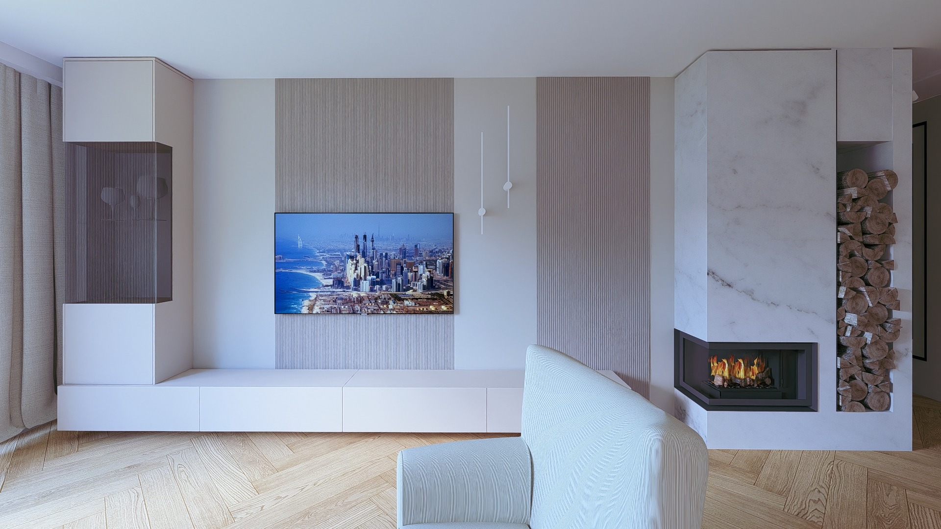 Minimalistyczny salon z kominkiem obudowanym marmurem, telewizorem z widokiem na Dubaj i jasną podłogą z parkietu. Widoczny fragment sofy.