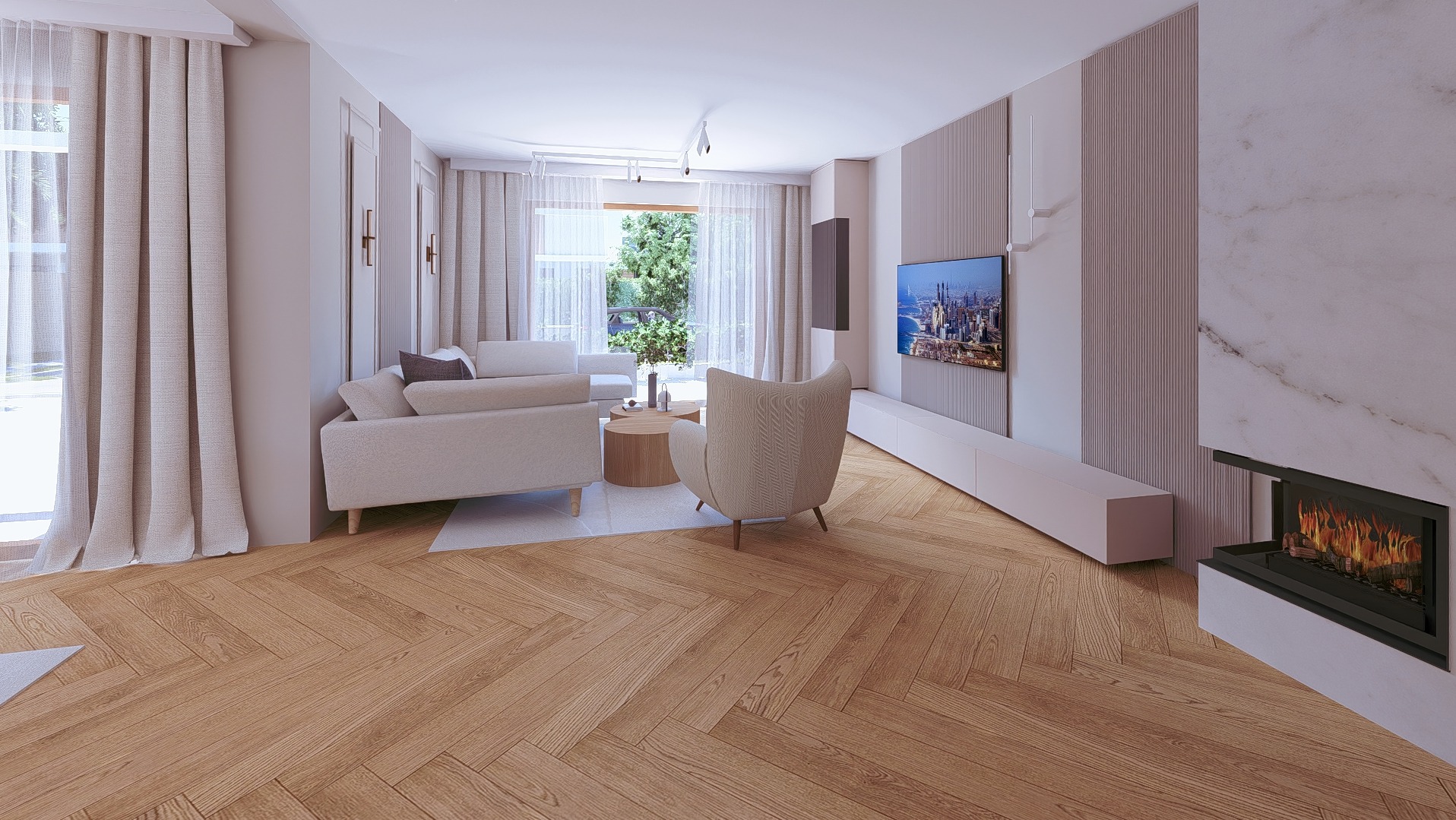 Jasne, przestronne wnętrze salonu z parkietem w jodełkę, kominkiem i telewizorem. Stonowana kolorystyka, minimalistyczny design. Widok na zieleń za oknem.