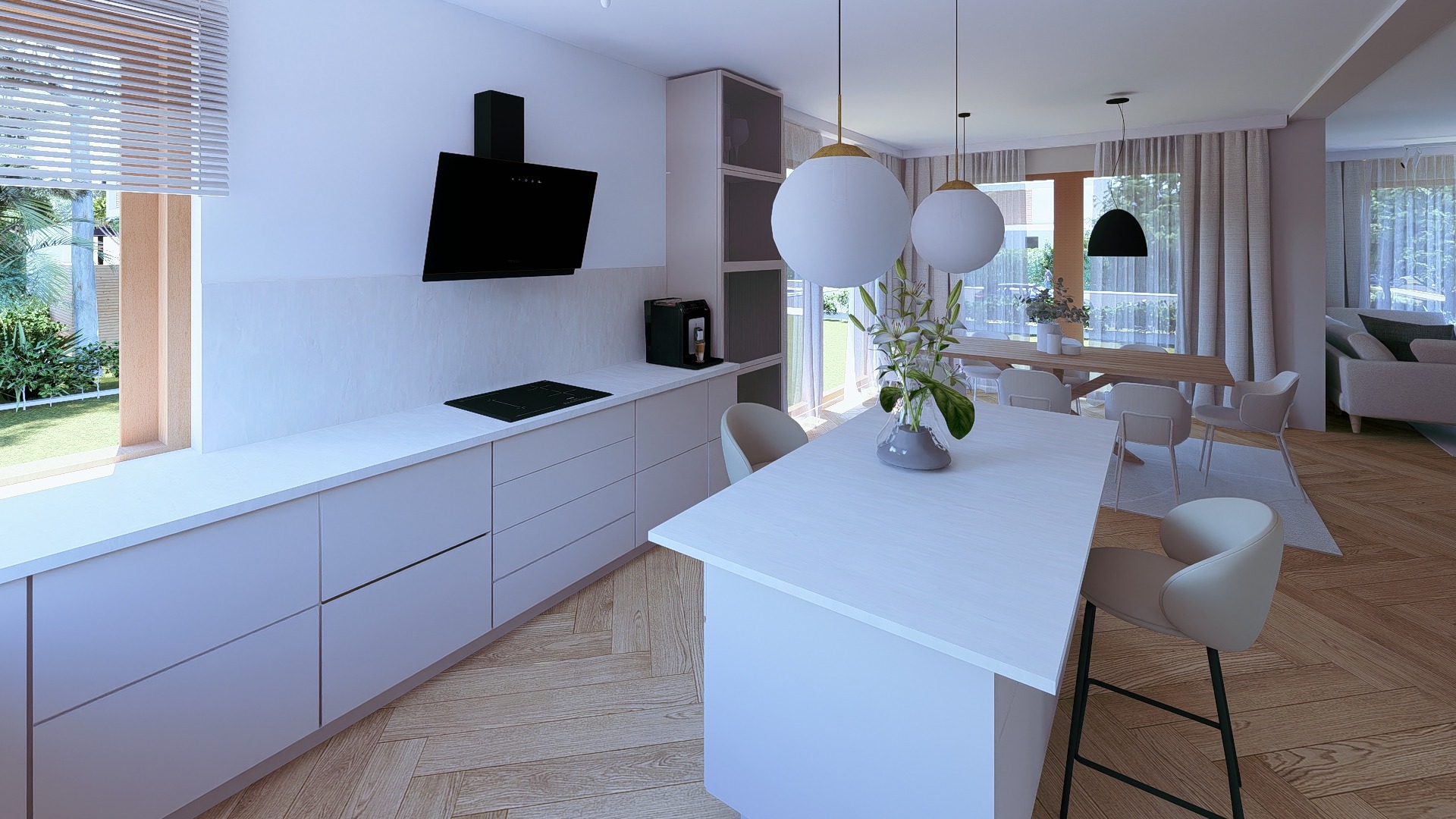 Jasna kuchnia z wyspą i drewnianą podłogą w jodełkę. Nad wyspą wiszą dwie okrągłe lampy. W tle widać stół jadalny i salon.