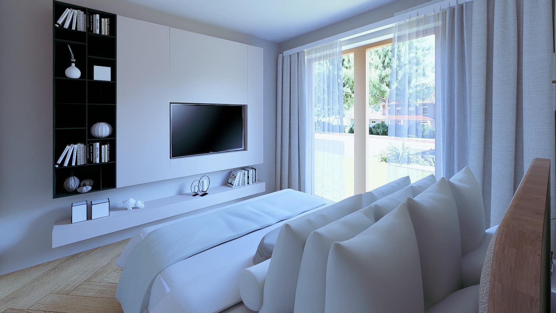 Jasna sypialnia z dużym oknem, minimalistyczną zabudową TV i regałem. Biała pościel i zasłony. Widok na zieleń za oknem. Nowoczesny design.