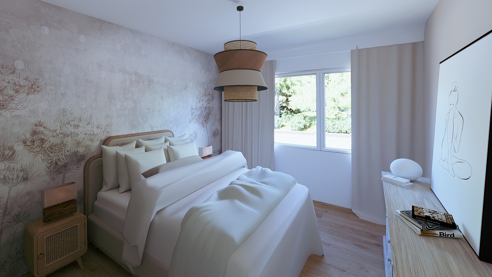 Jasna sypialnia w neutralnych barwach: wzorzysta tapeta, łóżko z rattanowym wezgłowiem, lampa wisząca z abażurami i minimalistyczny obraz. Przytulne i nowoczesne wnętrze.