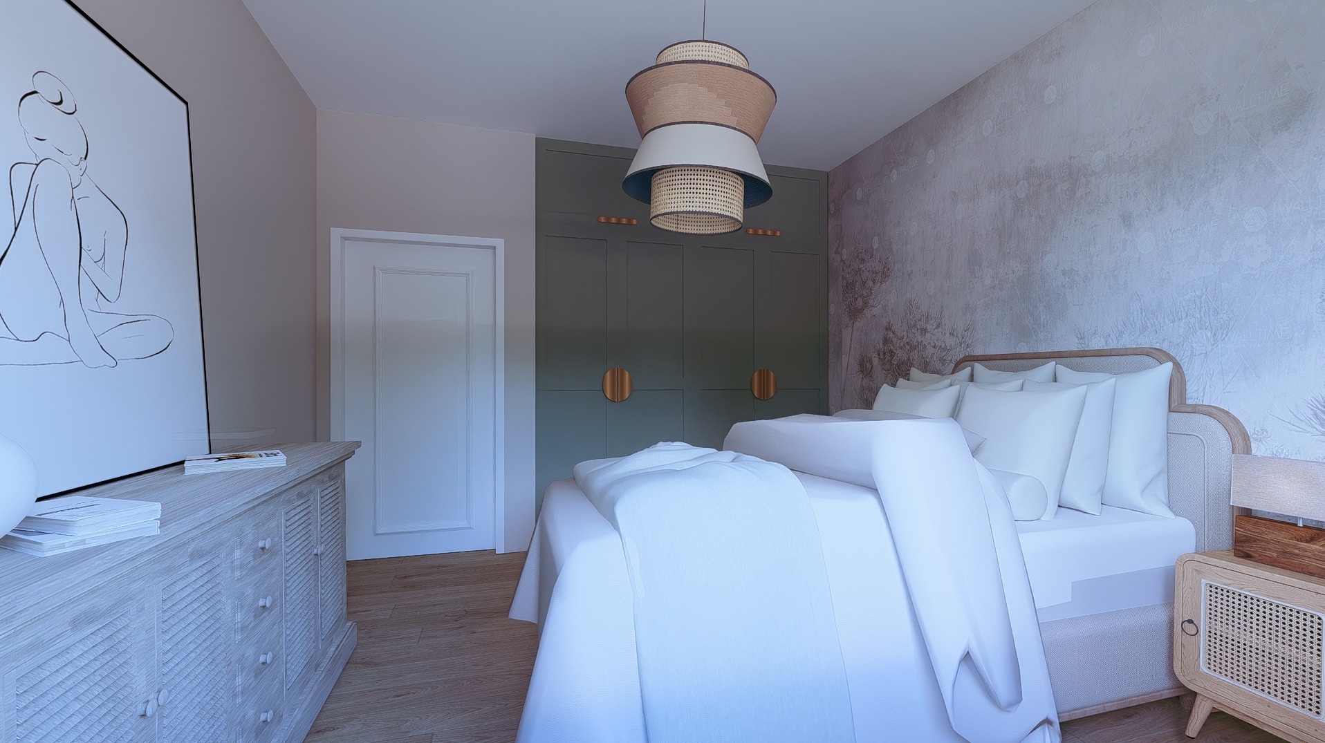 Jasna sypialnia z łóżkiem, szafką nocną i komodą. Na ścianie grafika w ramie i tapeta w roślinny wzór. Nad łóżkiem wisi lampa. Widok na drzwi i zieloną szafę.