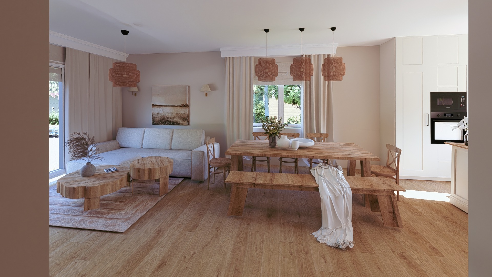 Jasne, przestronne wnętrze z drewnianymi meblami: sofa, stół z ławką, lampy. Stonowana kolorystyka, naturalne materiały. Widok na okno i fragment zabudowy kuchennej.