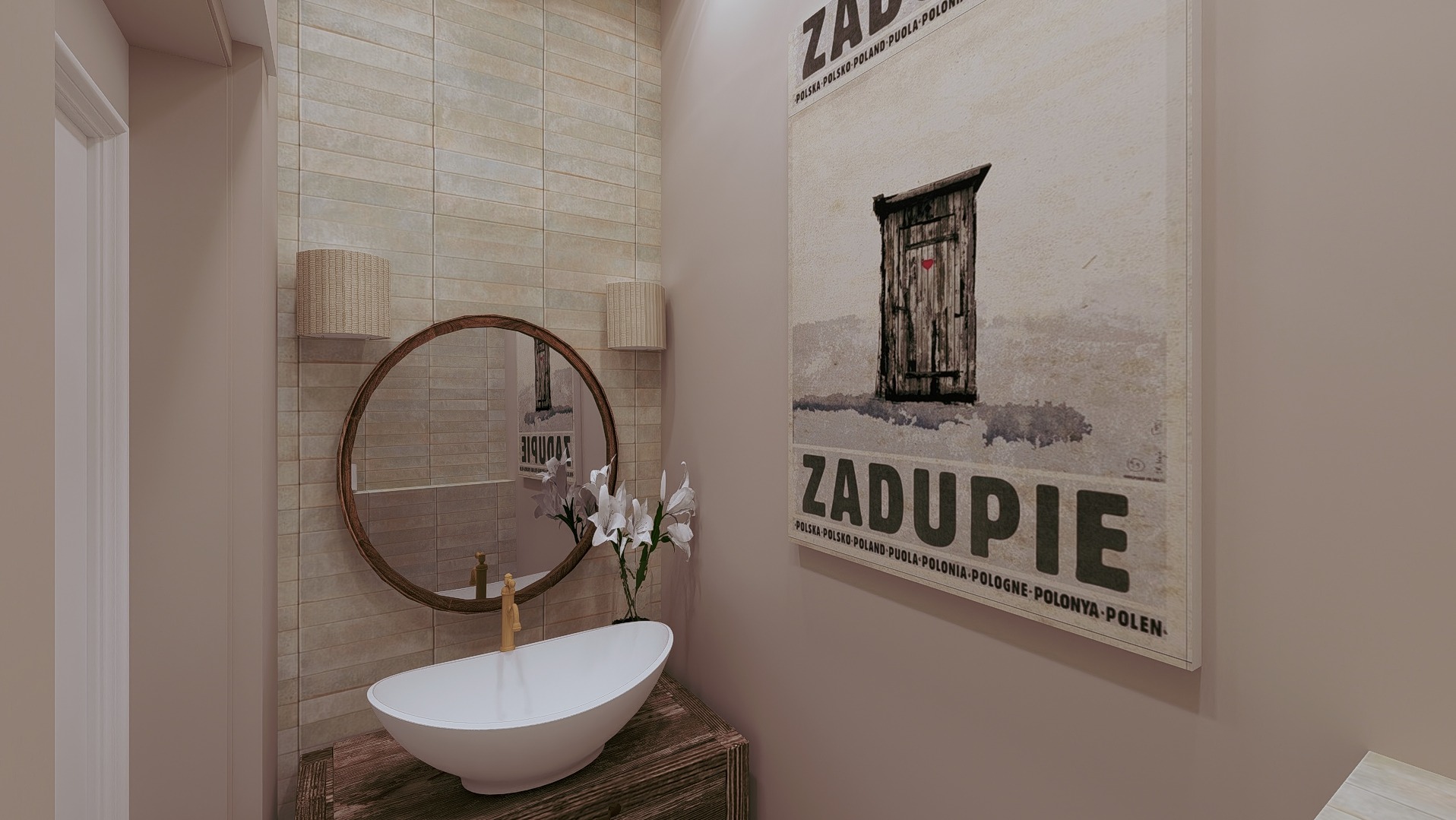 Beżowa łazienka z okrągłym lustrem, umywalką na drewnianej szafce i plakatem „Zadupie”. Na ścianie kafelki imitujące cegłę i dwa kinkiety z abażurami.