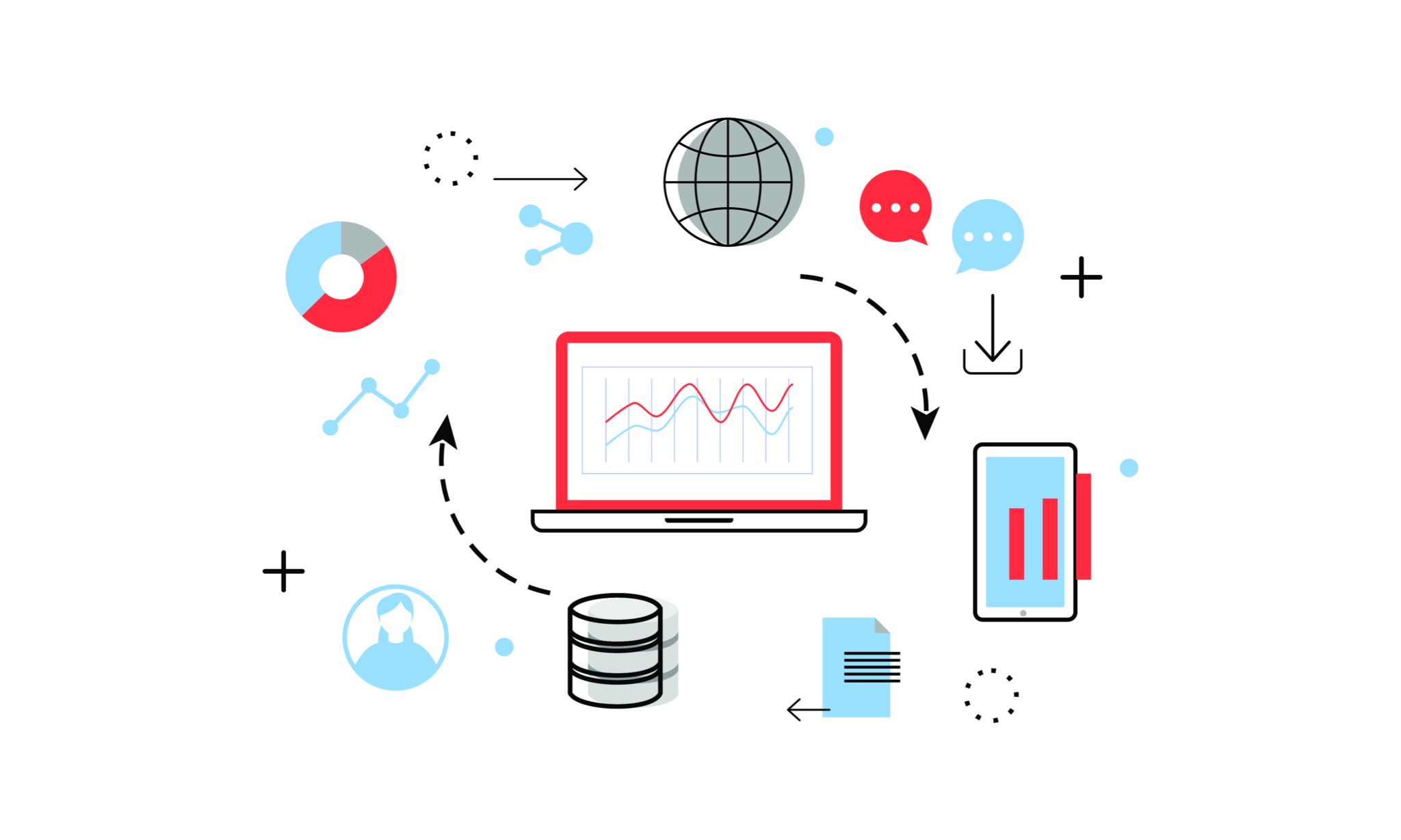 Ilustracja wektorowa przedstawiająca proces wymiany danych, z laptopem prezentującym wykresy, bazą danych, dokumentem, smartfonem z paskami postępu, globusem, chmurami dymków i ikonami użytkownika,...