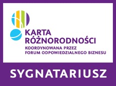 Logo Karta Różnorodności z napisem SYGNATARIUSZ na fioletowym tle.