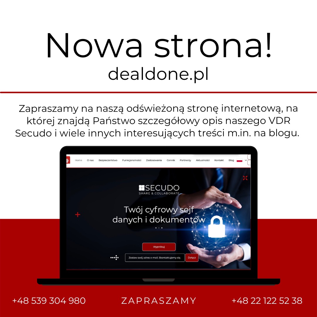 Ekran laptopa prezentujący stronę internetową Secudo z hasłem 'Twój cyfrowy sejf danych i dokumentów' i symbolem kłódki w sieci połączeń, otoczone tekstem o nowej stronie i zaproszeniem do odwiedzin.