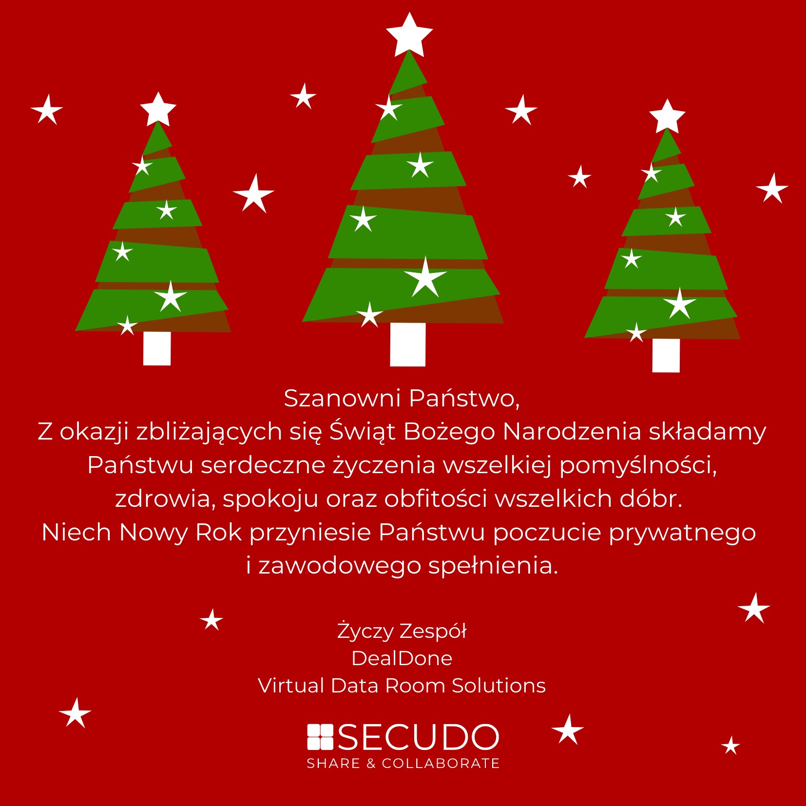 Grafika świąteczna z trzema stylizowanymi choinkami, życzeniami świątecznymi i logotypem firmy Secudo na czerwonym tle.