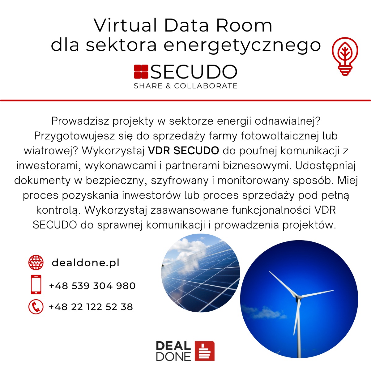Grafika reklamowa Virtual Data Room SECUDO dla sektora energetycznego, z ilustracjami paneli słonecznych i turbiny wiatrowej na tle błękitnego nieba.