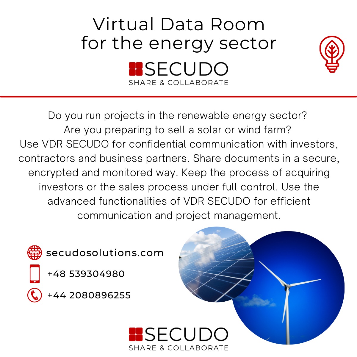 Reklama wirtualnego pokoju danych Secudo dla sektora energetyki, z ilustracjami paneli słonecznych i turbiny wiatrowej, promująca bezpieczną wymianę dokumentów z inwestorami i partnerami biznesowymi.