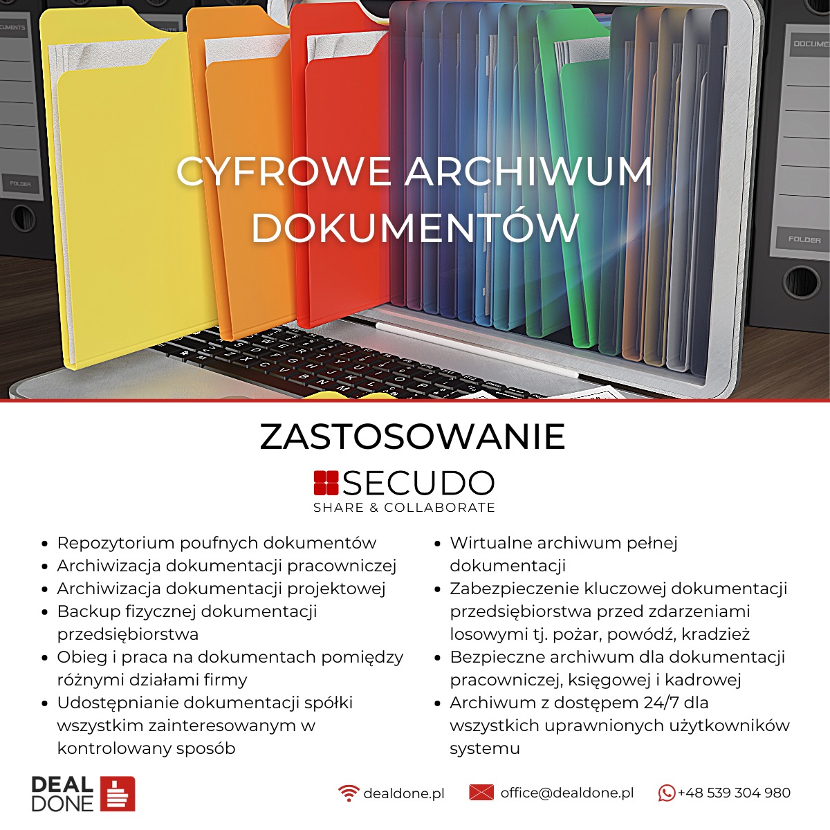 Kolorowe teczki z dokumentami ustawione na laptopie, tworzące cyfrowe archiwum, z widocznym logo SECUDO i listą zastosowań.