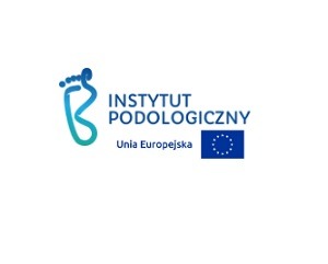 Logo Instytutu Podologicznego z symbolem stopy i flagą Unii Europejskiej na białym tle.