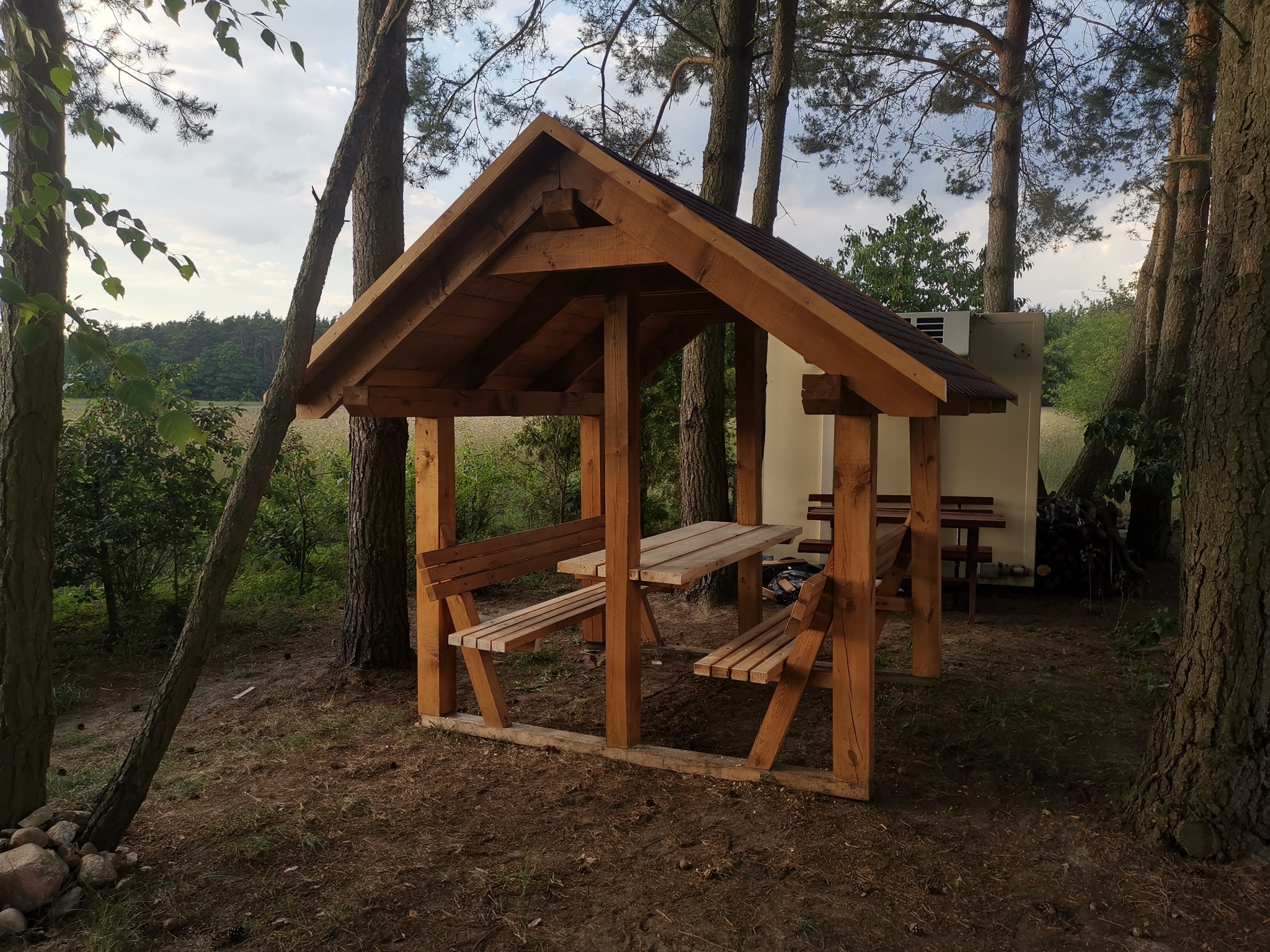 Drewniana konstrukcja z dachem, stołem i ławkami, otoczona drzewami sosnowymi, z widocznym budynkiem w tle.