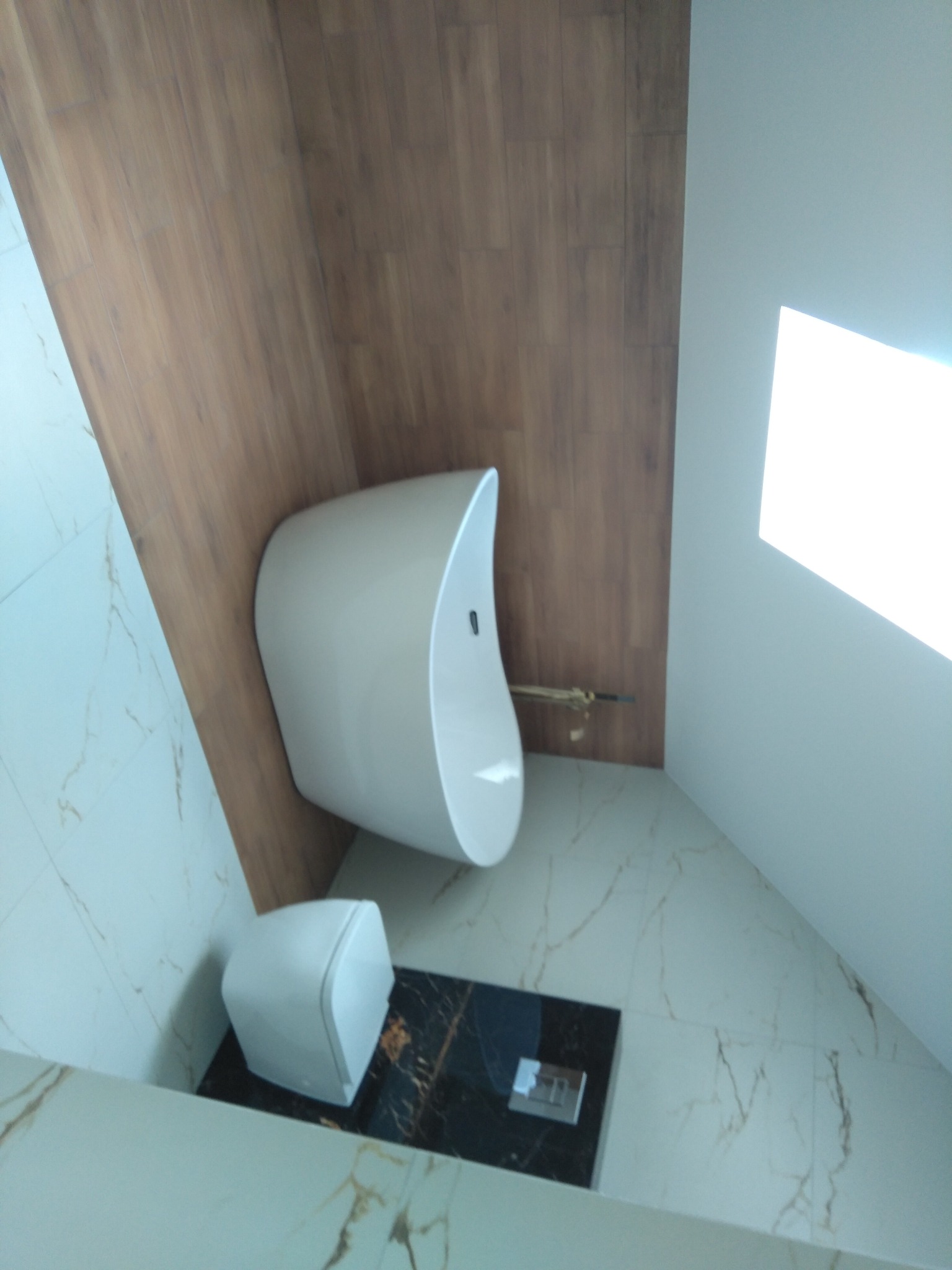 Nowoczesna, podwieszana toaleta i bidet w łazience z marmurowymi płytkami i drewnopodobną okładziną ścienną, widok z góry.