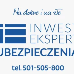 Logo firmy Inwest Ekspert Ubezpieczenia z hasłem 'Na dobre i na złe' oraz numerem telefonu 501-505-800, wszystko w odcieniach niebieskiego na jasnym tle.