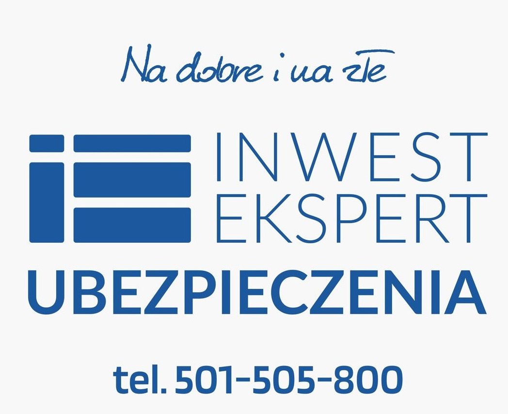 Logo firmy Inwest Ekspert Ubezpieczenia z hasłem 'Na dobre i na złe' oraz numerem telefonu 501-505-800, wszystko w odcieniach niebieskiego na jasnym tle.