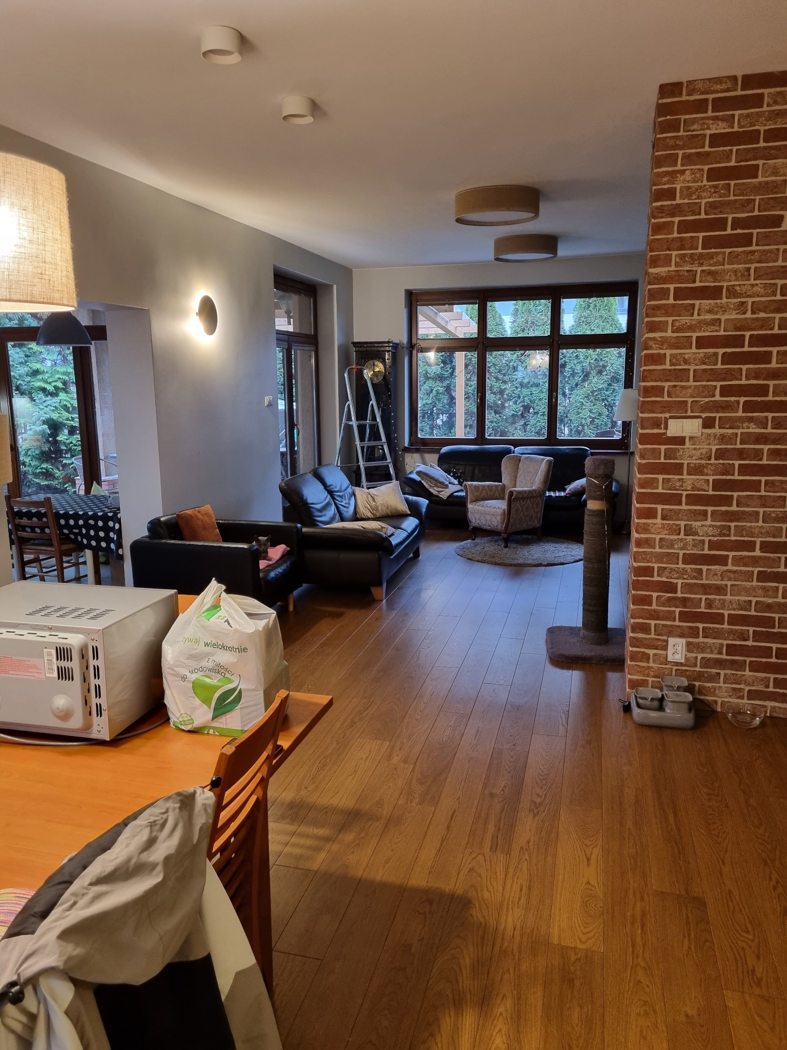 Przestronny salon z drewnianą podłogą, ceglaną ścianą i dużymi oknami, widoczne meble wypoczynkowe, drabina i akcesoria dla zwierząt.