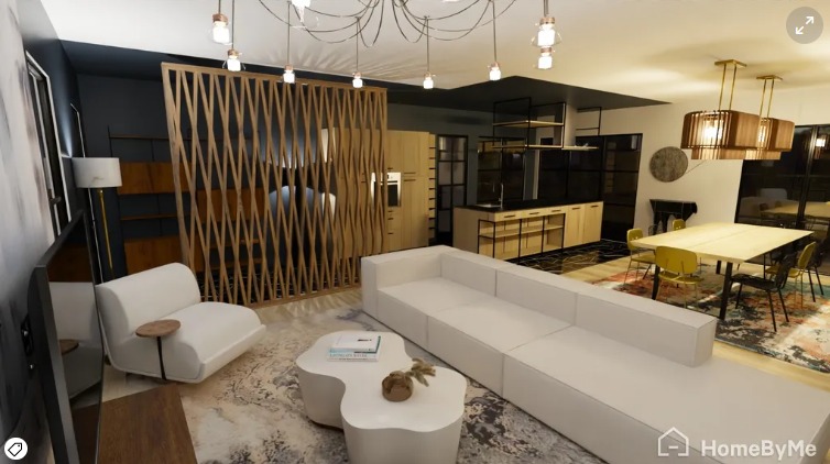 Wizualizacja przestronnego salonu z ażurową drewnianą ścianką działową, białym narożnikiem, stolikiem kawowym o organicznym kształcie, oraz jadalnią z drewnianym stołem i kolorowymi krzesłami...