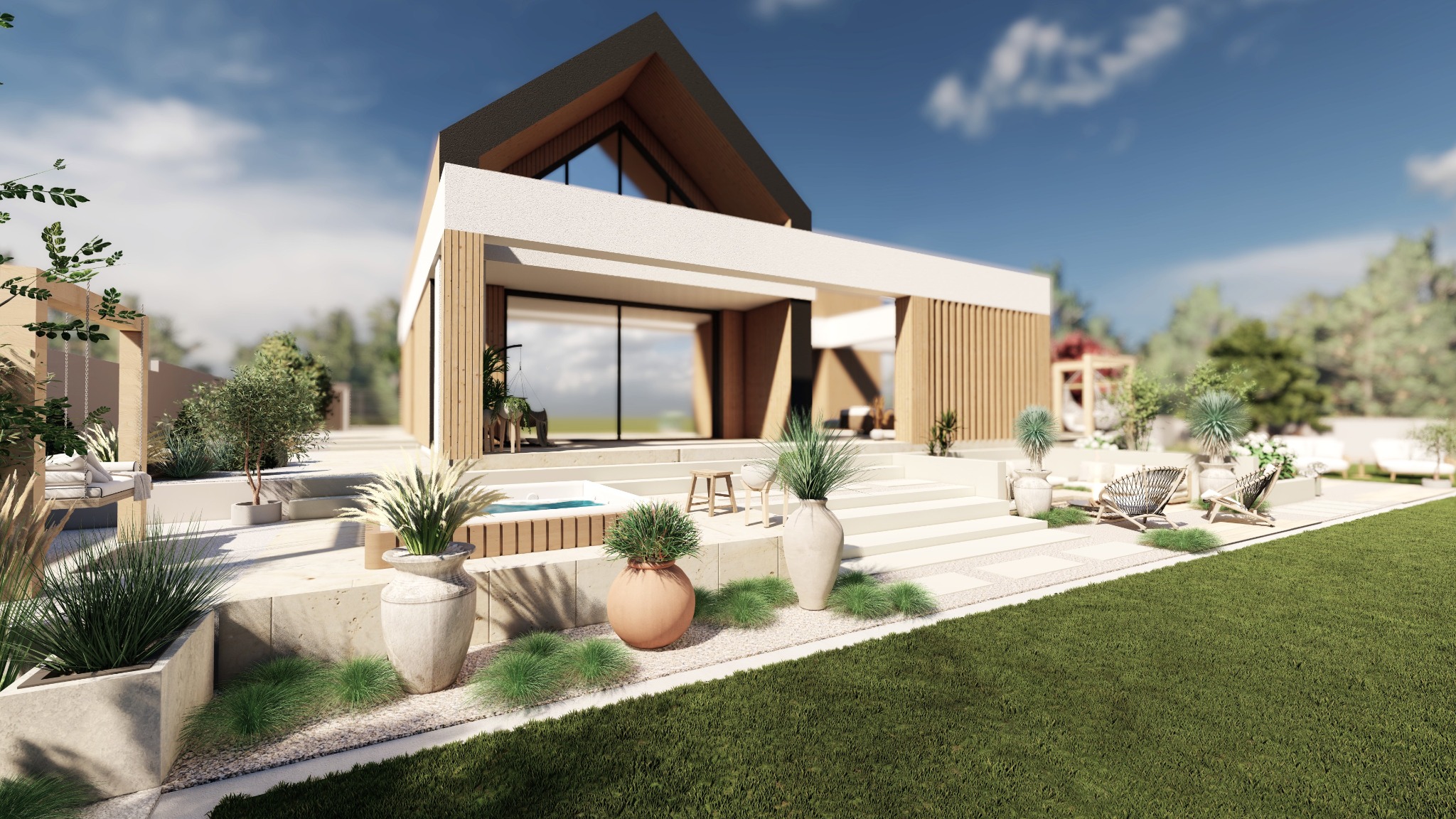 Nowoczesny dom z ogrodem: minimalistyczna architektura, taras z jacuzzi, rośliny w donicach, trawnik. Ujęcie w słoneczny dzień.