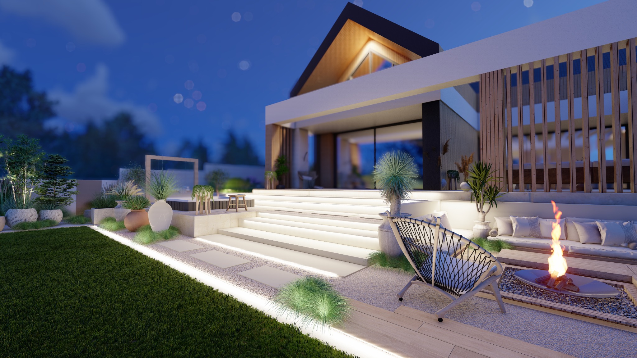 Nowoczesny ogród nocą: minimalistyczny dom, oświetlone schody, palenisko, designerski fotel i starannie dobrane rośliny w donicach. Wizualizacja.