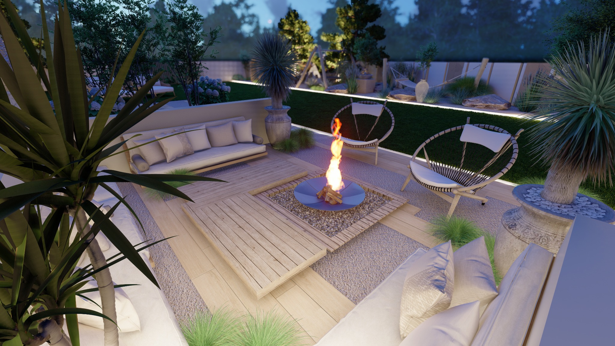 Wieczorny taras z paleniskiem, drewnianym podestem i wygodnymi sofami. Oświetlenie LED podkreśla roślinność i meble ogrodowe. Relaksująca atmosfera.