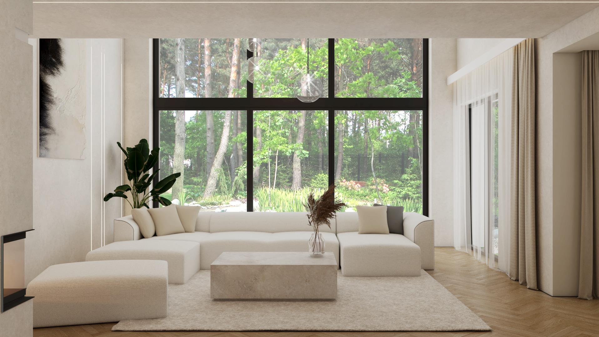 Jasny salon z dużym oknem na las. Minimalistyczny wystrój, beżowa sofa modułowa, kamienny stolik kawowy, drewniana podłoga w jodełkę. Nowoczesne oświetlenie i abstrakcyjna grafika.