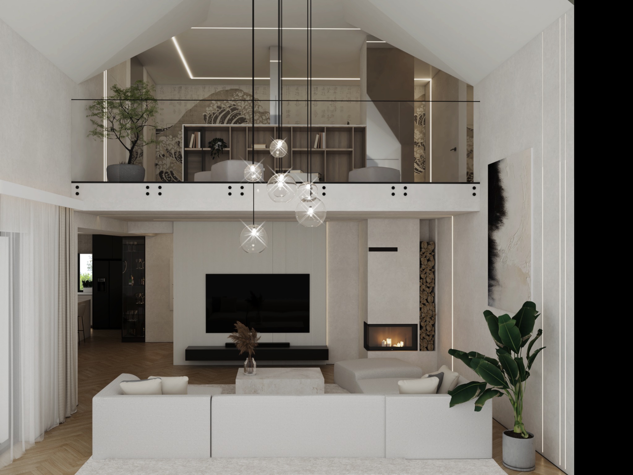 Nowoczesny salon z antresolą, białą sofą modułową i kominkiem. Minimalistyczny design z roślinami doniczkowymi i subtelnym oświetleniem LED. Widok na otwartą kuchnię.