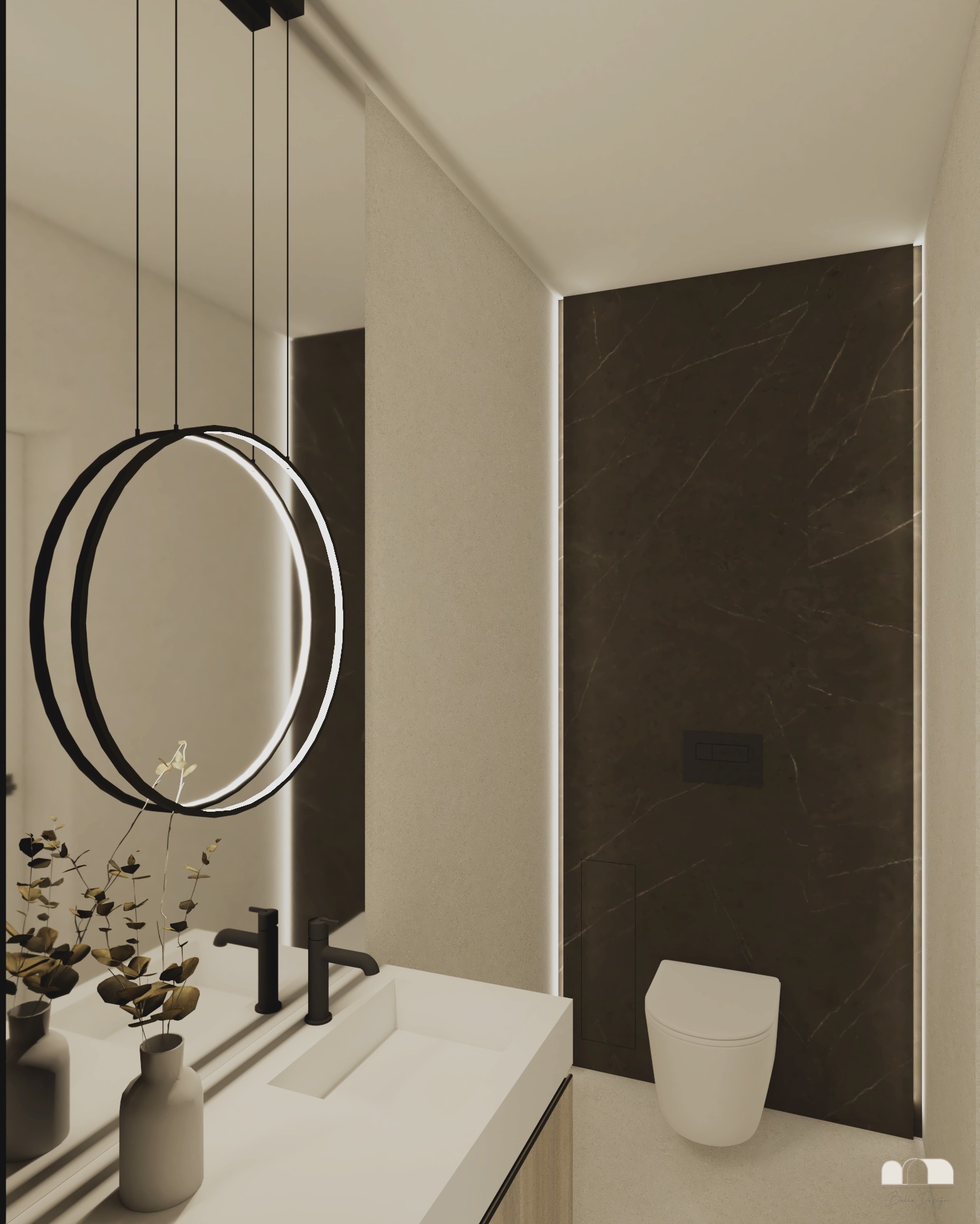 Minimalistyczna łazienka z okrągłym lustrem podświetlanym LED, czarną armaturą i ścianą z ciemnego marmuru. Umywalka nablatowa, toaleta podwieszana. Stonowana kolorystyka.