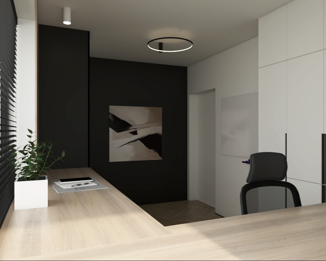 Nowoczesne biuro z drewnianym biurkiem, czarną ścianą z abstrakcyjnym obrazem i minimalistycznym oświetleniem. W tle biała szafa i krzesło biurowe.