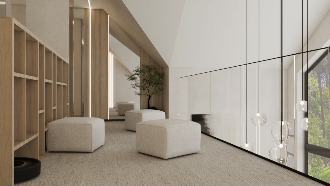 Minimalistyczne wnętrze z pufami i regałem w Zielonej Górze. Widoczny fragment okna z widokiem na zieleń, drzewko w donicy i designerskie lampy wiszące.