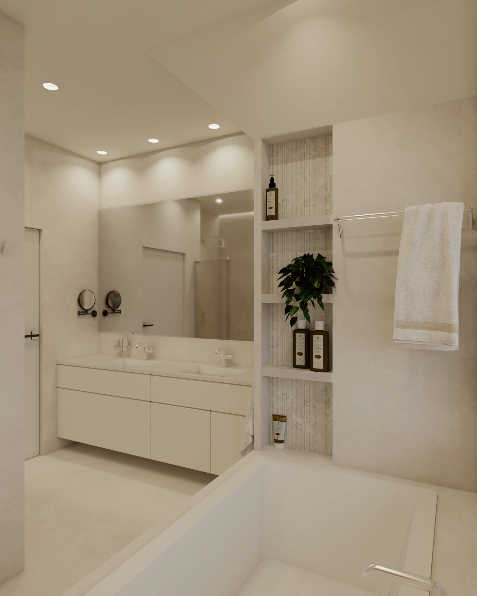 Minimalistyczna łazienka w beżach: wanna, umywalka z szafką, lustro z oświetleniem, półki z kosmetykami i rośliną. Stonowana kolorystyka, nowoczesny design.